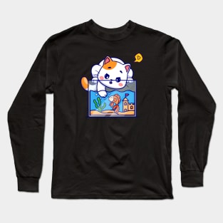 Cute Cat Playing With Fish In Aquarium Cartoon Long Sleeve T-Shirt